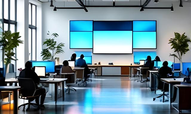 Modern open-plan office in Atlanta with developers collaborating on large monitors